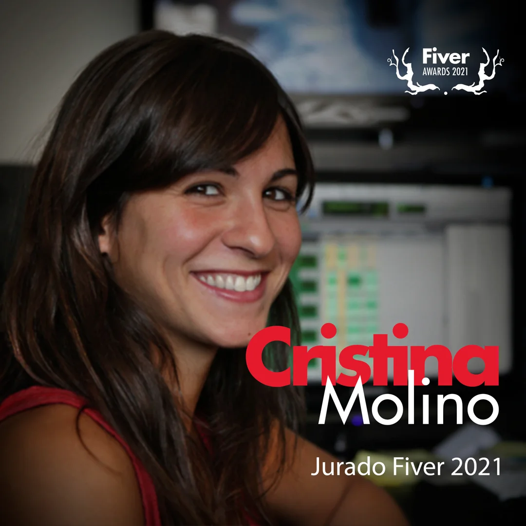 Gráfica del Jurado Fiver 2021 con retrato de Cristina Molino y el logo Fiver Awards 2021.