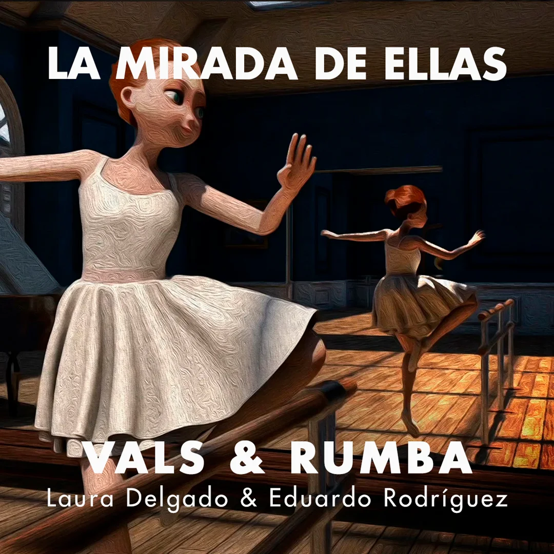 Post del feed "La Mirada de Ellas" del Instituto Cervantes con fotograma de animación 3D de la pieza "Vals & Rumba" de Laura Delgado y Eduardo Rodríguez y el logo Fiver.