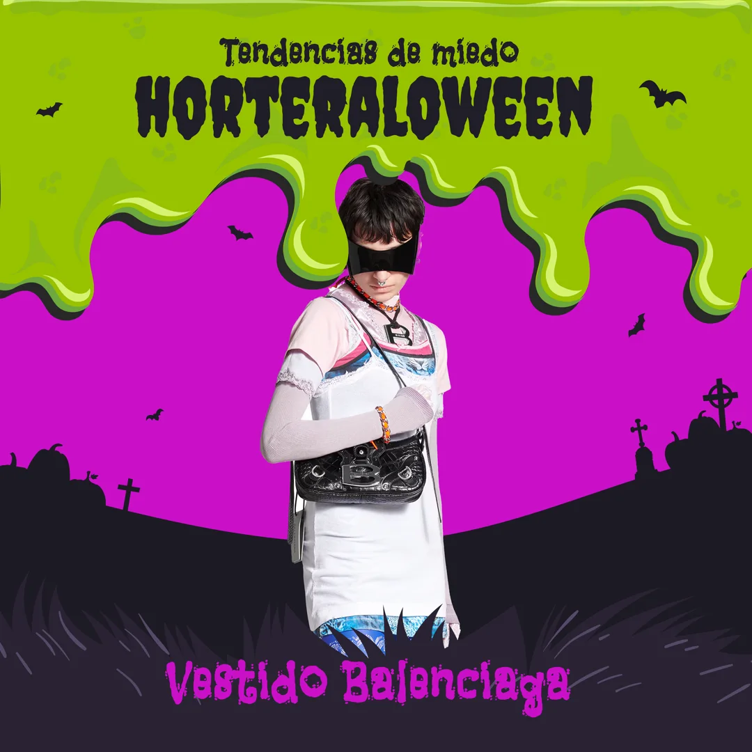Pieza cuadrada de la serie Horteraloween: recorte de una persona con visera opaca, top de capas con encaje y mallas azules estampadas, sobre fondo morado con goteo verde y rótulo "Vestido Balenciaga".