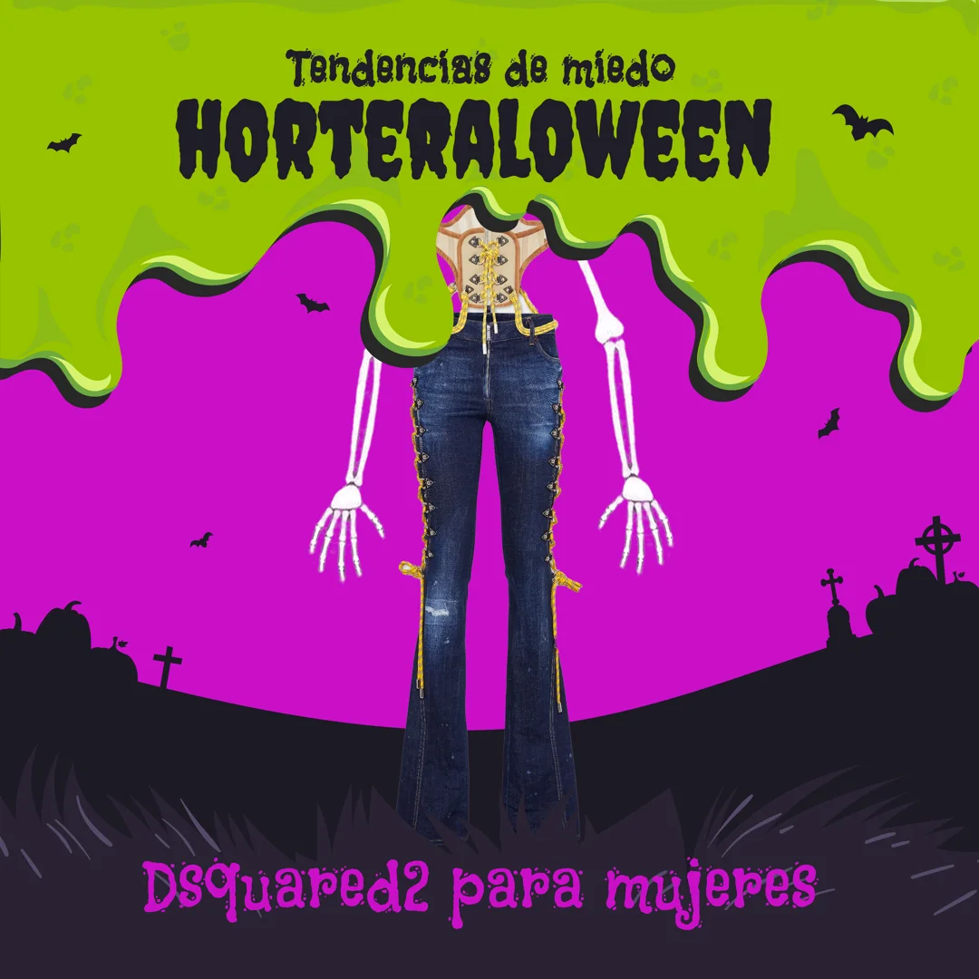 Pieza cuadrada de la serie Horteraloween: corsé y vaquero acampanado con brazos de esqueleto saliendo de los laterales, sin cabeza, sobre fondo morado con goteo verde y rótulo "Dsquared2 para mujeres".