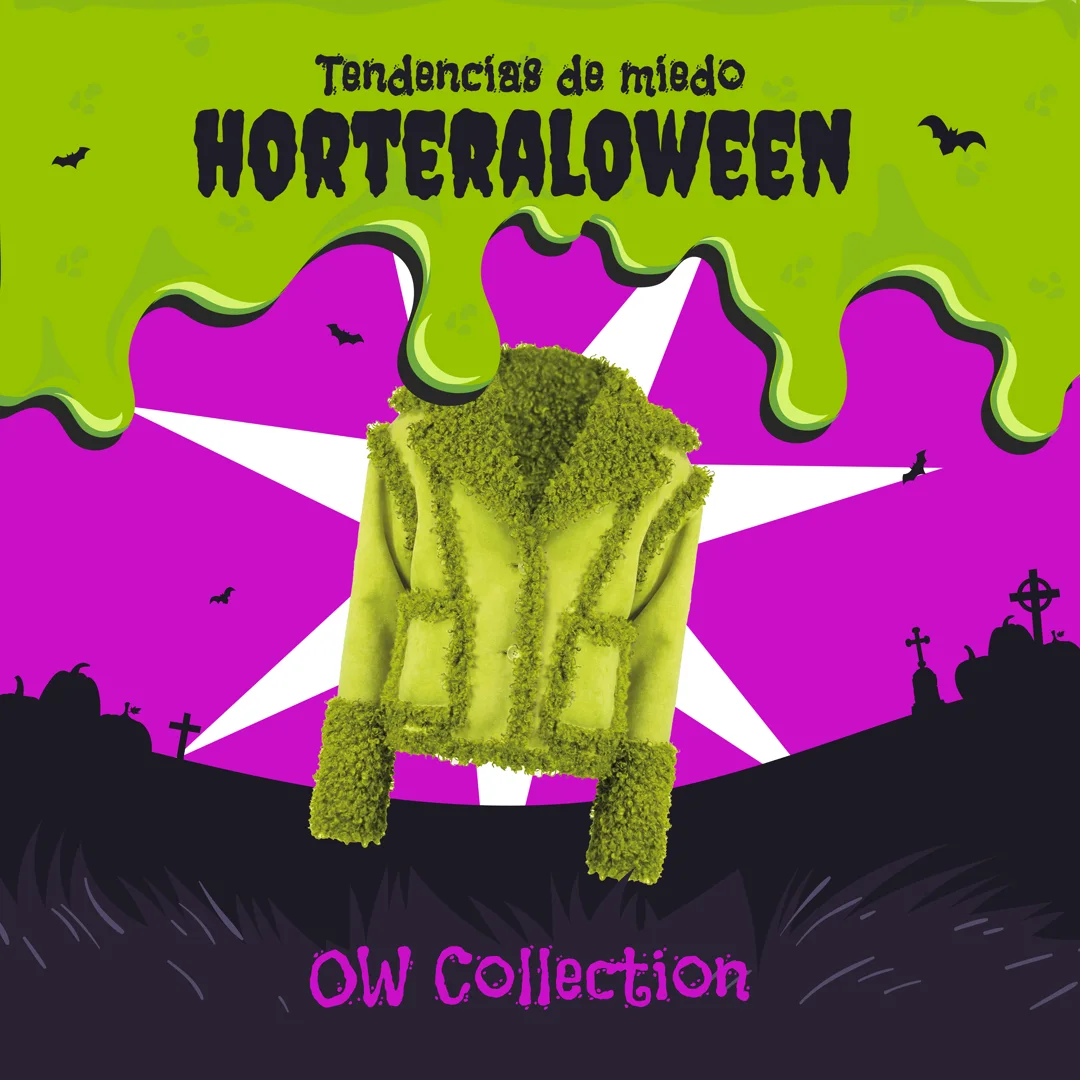 Pieza cuadrada de la serie Horteraloween: chaqueta de borreguito verde lima sobre estrella blanca, fondo morado con goteo verde y rótulo "OW Collection".