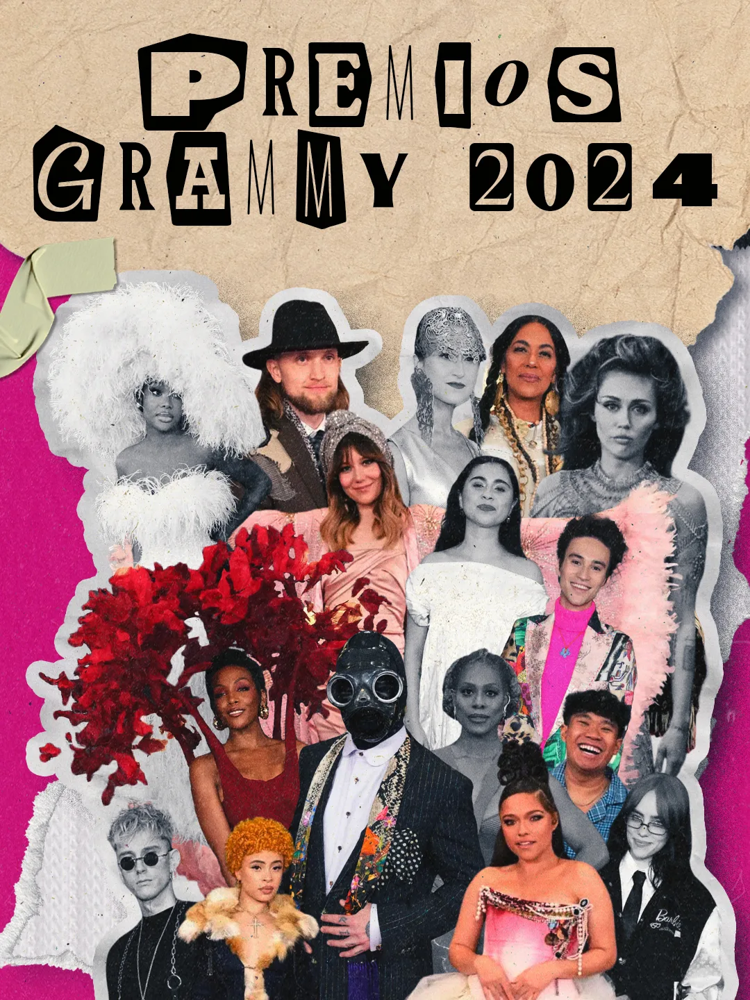 Portada de la serie Premios Grammy 2024: colage de recortes de artistas con looks extravagantes sobre fondo de papel kraft, con banda rosa inferior y rótulo "Hortendencias".
