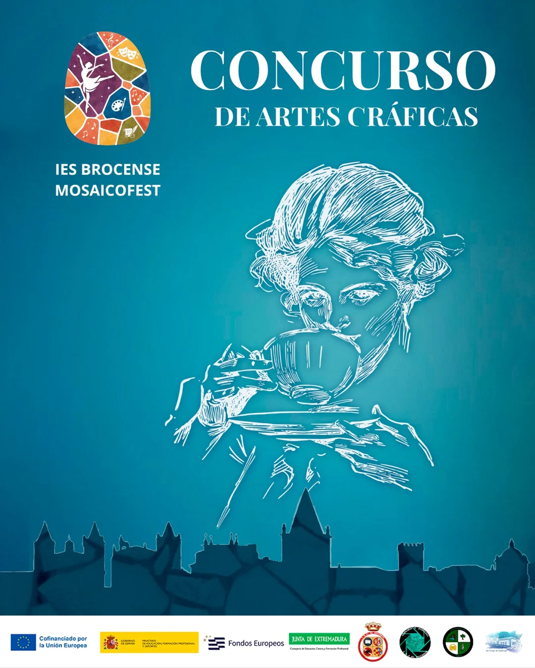 Cartel del concurso de artes gráficas de Mosaico Fext, con una ilustración a línea sobre fondo azul